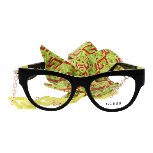 Guess Black Women Glasses Frame with cat eye design, full-rim black plastic frame, demo lenses, and included eyewear chain.