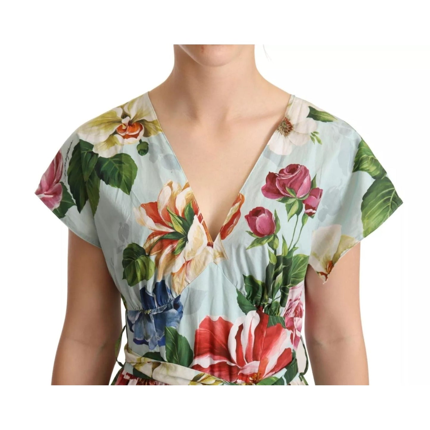 Dolce & Gabbana Green Floral Short Sleeves Cotton V-neck Dress
