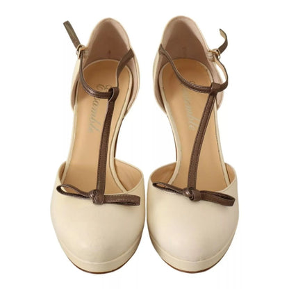 SERGIO LEVANTESI Beige T-Strap Block Heels Pumps Leather Shoes