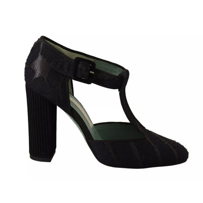 Paola D'Arcano Black Suede Leather Block Heels Sandals Shoes
