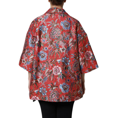 Dolce & Gabbana Red Floral Jacquard Button Down Coat Jacket