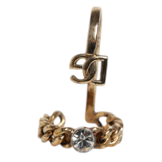 Dolce & Gabbana Gold Tone Engraved Logo Clear Crystals Adjustable Ring SMY10461