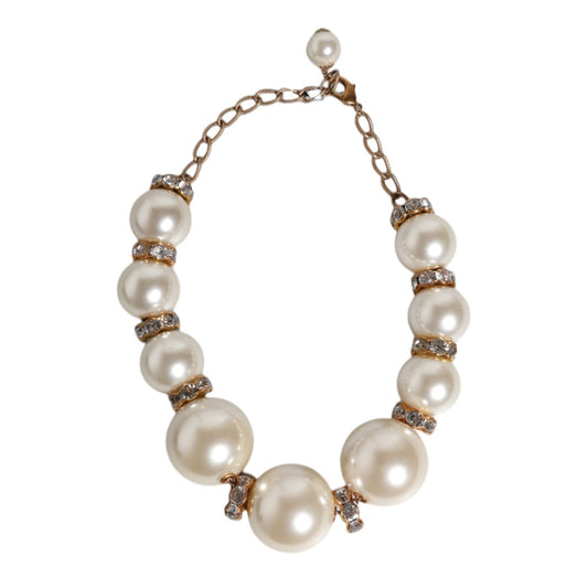 Dolce & Gabbana White Maxi Faux Pearl Beads Crystals Gold Chain Necklace SMY10445