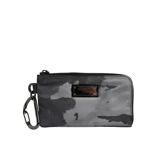Dolce & Gabbana Black Gray Camouflage Logo Plaque Keyring Pouch Bag BAG4287
