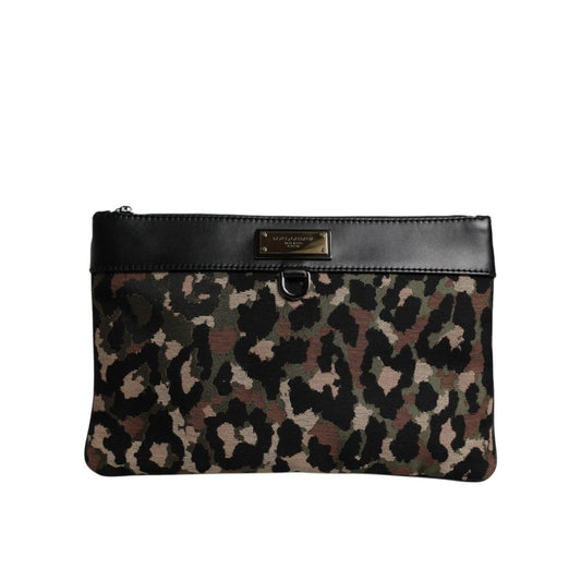 Dolce & Gabbana Multicolor Leopard Jacquard Print Logo Plaque Pouch Bag BAG4293