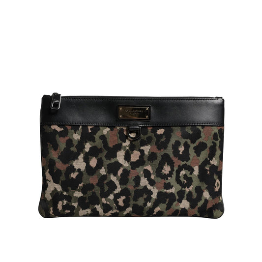 Dolce & Gabbana Multicolor Leopard Jacquard Print Logo Plaque Pouch Bag BAG4386