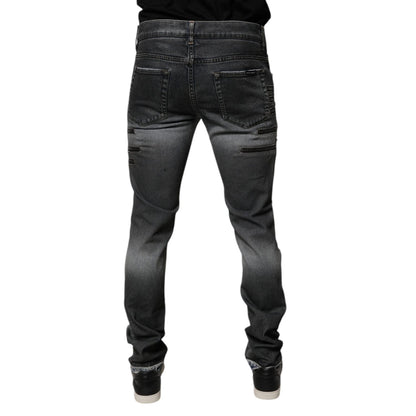 Dolce & Gabbana Dark Gray Tattered Cotton Skinny Denim Jeans