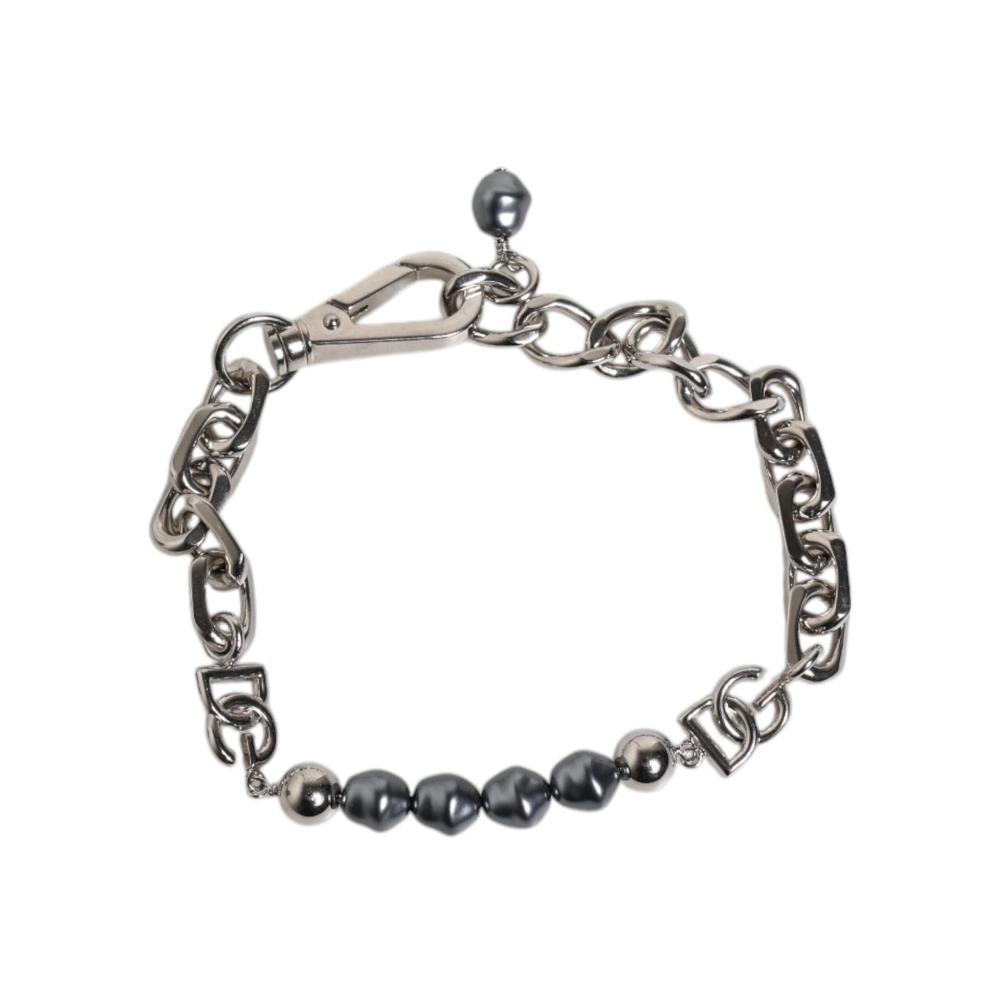 Dolce & Gabbana Silver Tone Chain Lobster Clasp Logo Gray Pearls Bracelet SMY101340