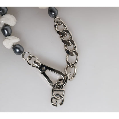 Dolce & Gabbana Silver Tone Brass Beaded Shell DG Logo Pendant Bracelet