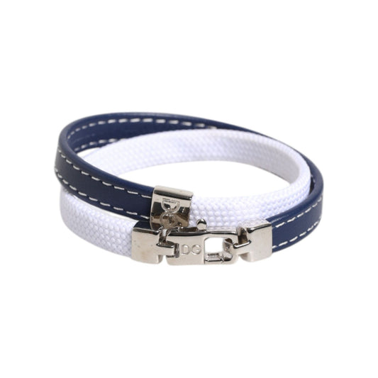 Dolce & Gabbana Blue White Leather Trimmed DG Engraved Silver Tone Clasp Bracelet SMY10690
