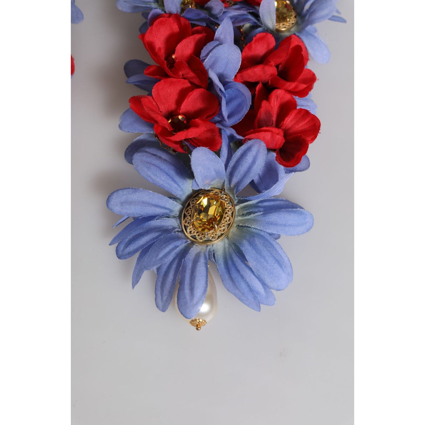 Dolce & Gabbana Gold Tone Brass Floral Crystal Clip On Dangling Earrings