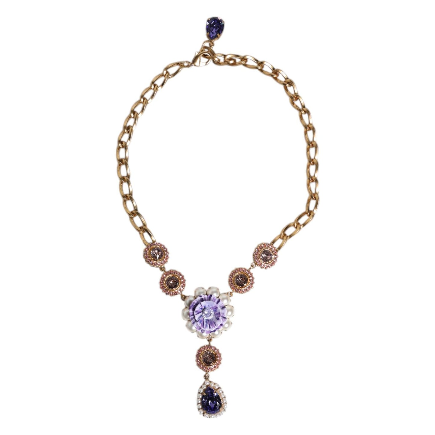 Dolce & Gabbana Gold Brass Floral Crystals Pearl Embellished Necklace SMY10517