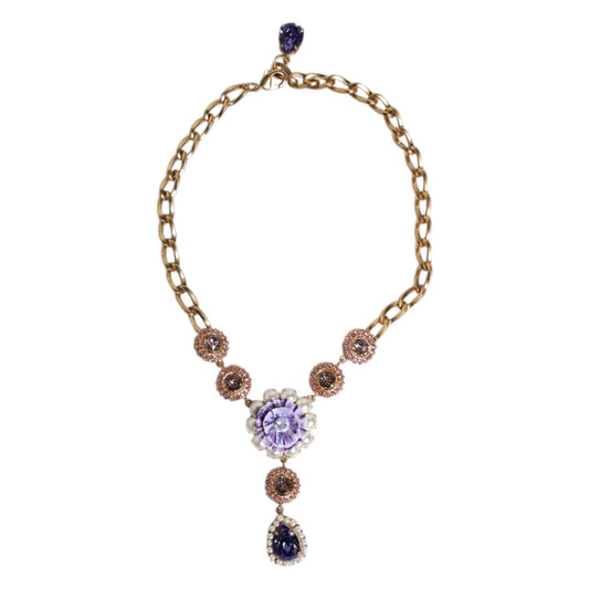 Dolce & Gabbana Gold Brass Floral Crystals Pearl Embellished Necklace SMY10517