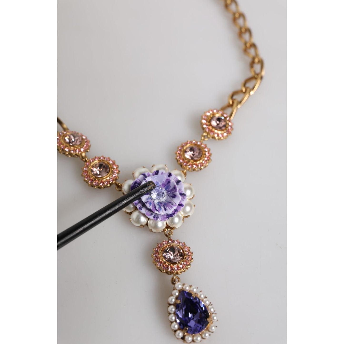 Dolce & Gabbana Gold Brass Floral Crystals Pearl Embellished Necklace SMY10517