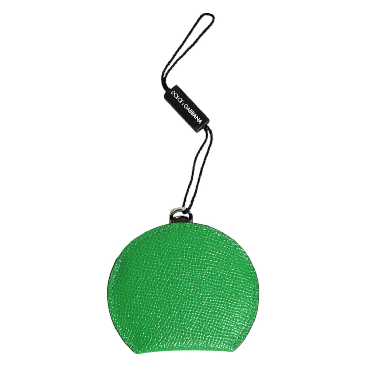 Dolce & Gabbana Green Calfskin Leather Round Logo Hand Mirror Holder