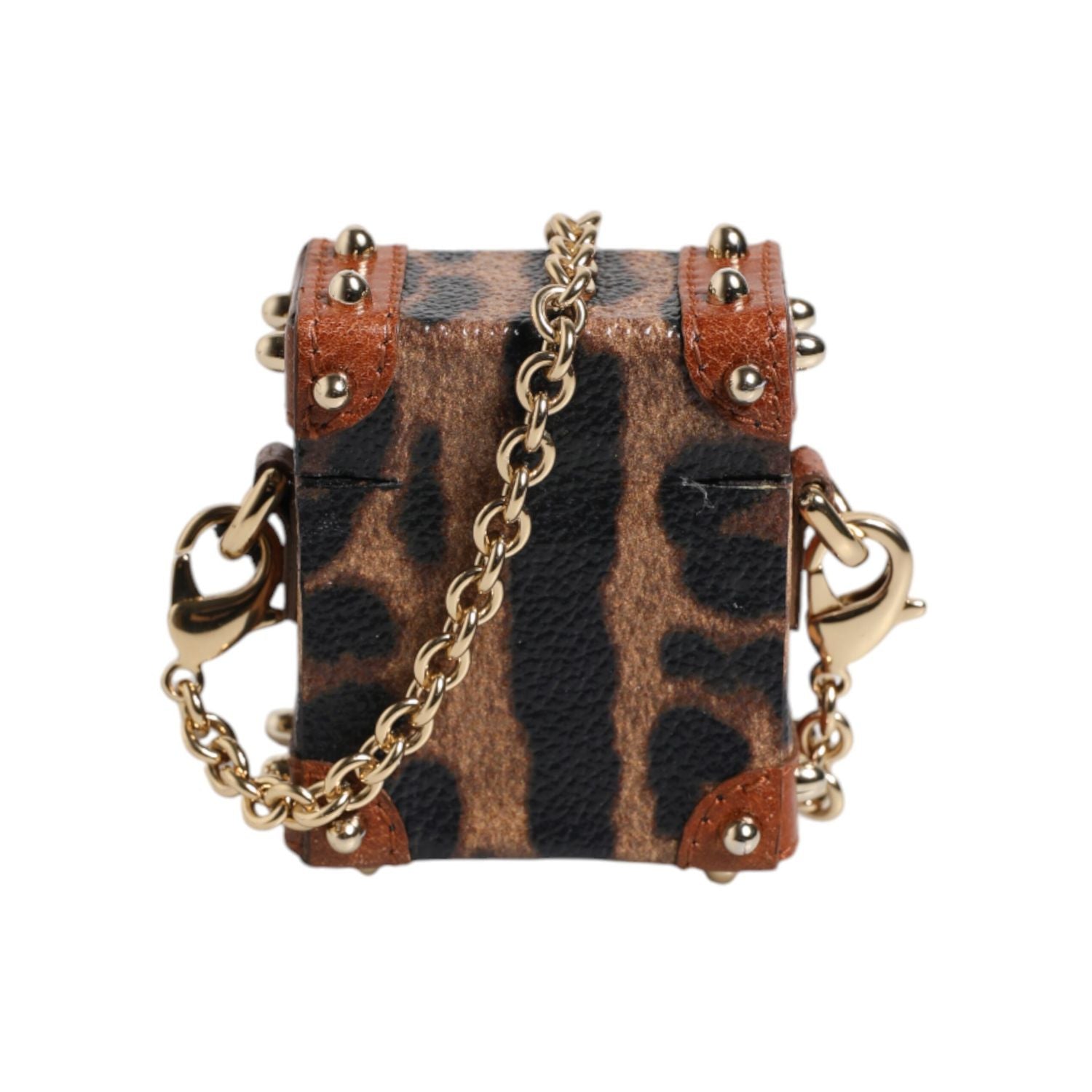 Dolce & Gabbana Brown Leopard Metal Logo Plaque Gold Chain Airpods Case