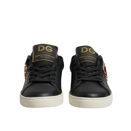 Dolce & Gabbana Black Leather Gold Red Heart Sneakers Shoes LA12529-35