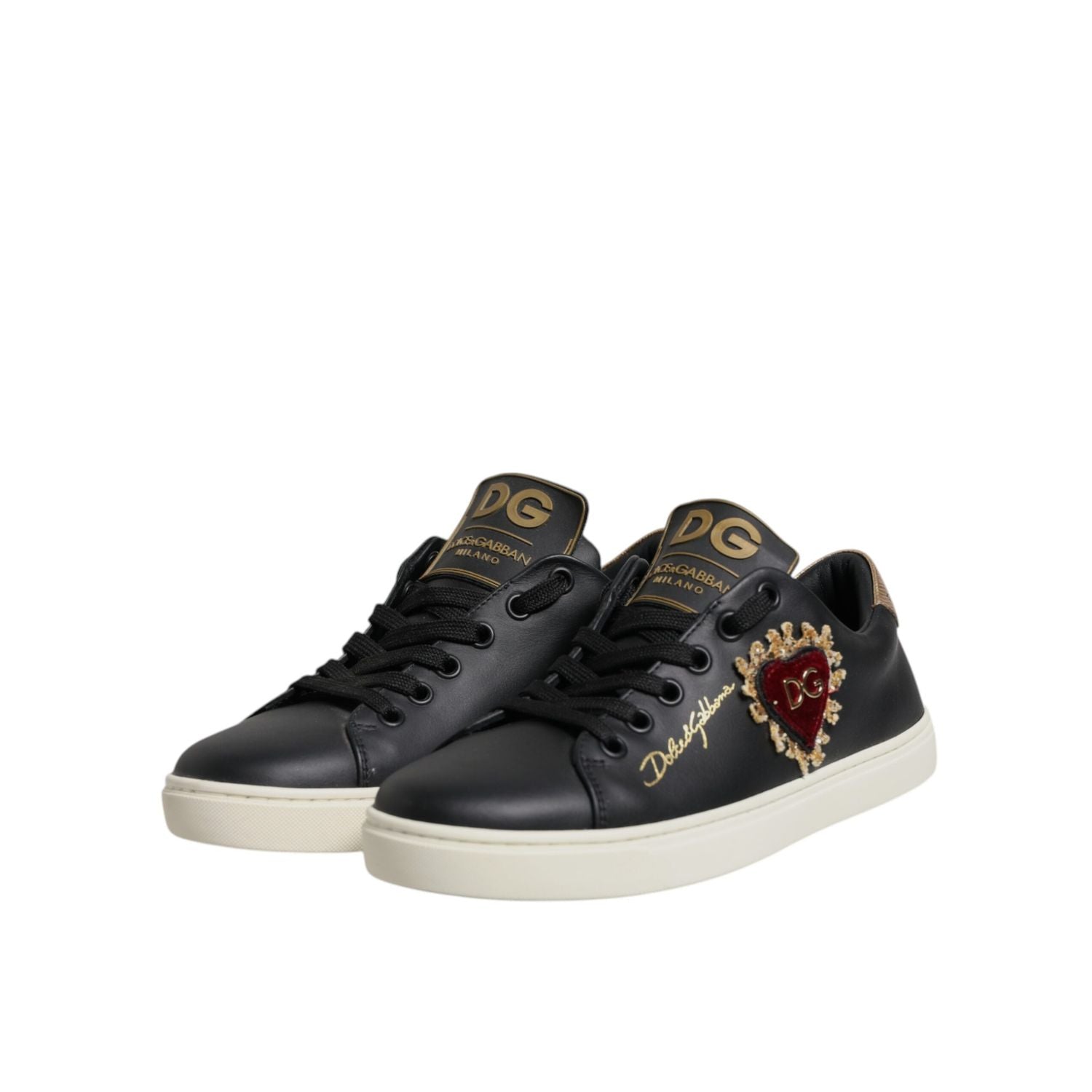 Dolce & Gabbana Black Leather Gold Red Heart Sneakers Shoes