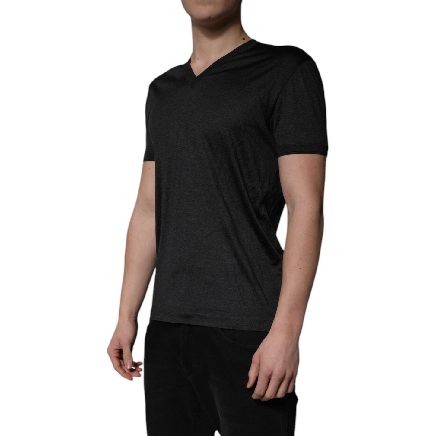 Dolce & Gabbana Dark Gray Silk V-neck Short Sleeves T-shirt TSH851972-48
