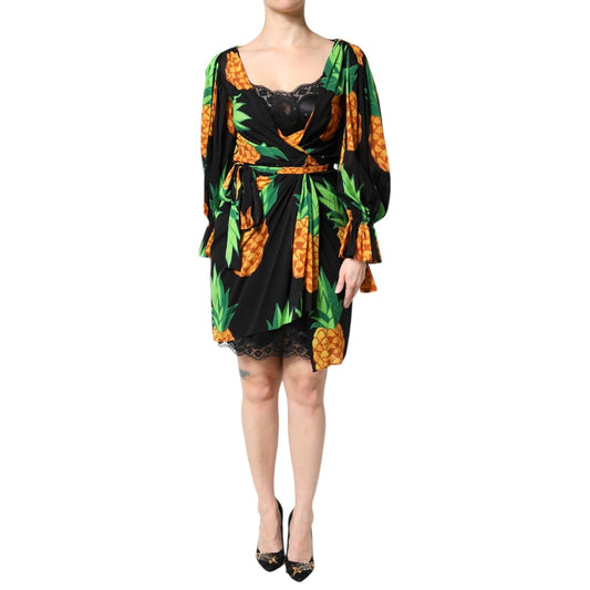 Dolce & Gabbana Black Silk Pineapple Draped Print Wrap Dress DR81681-40
