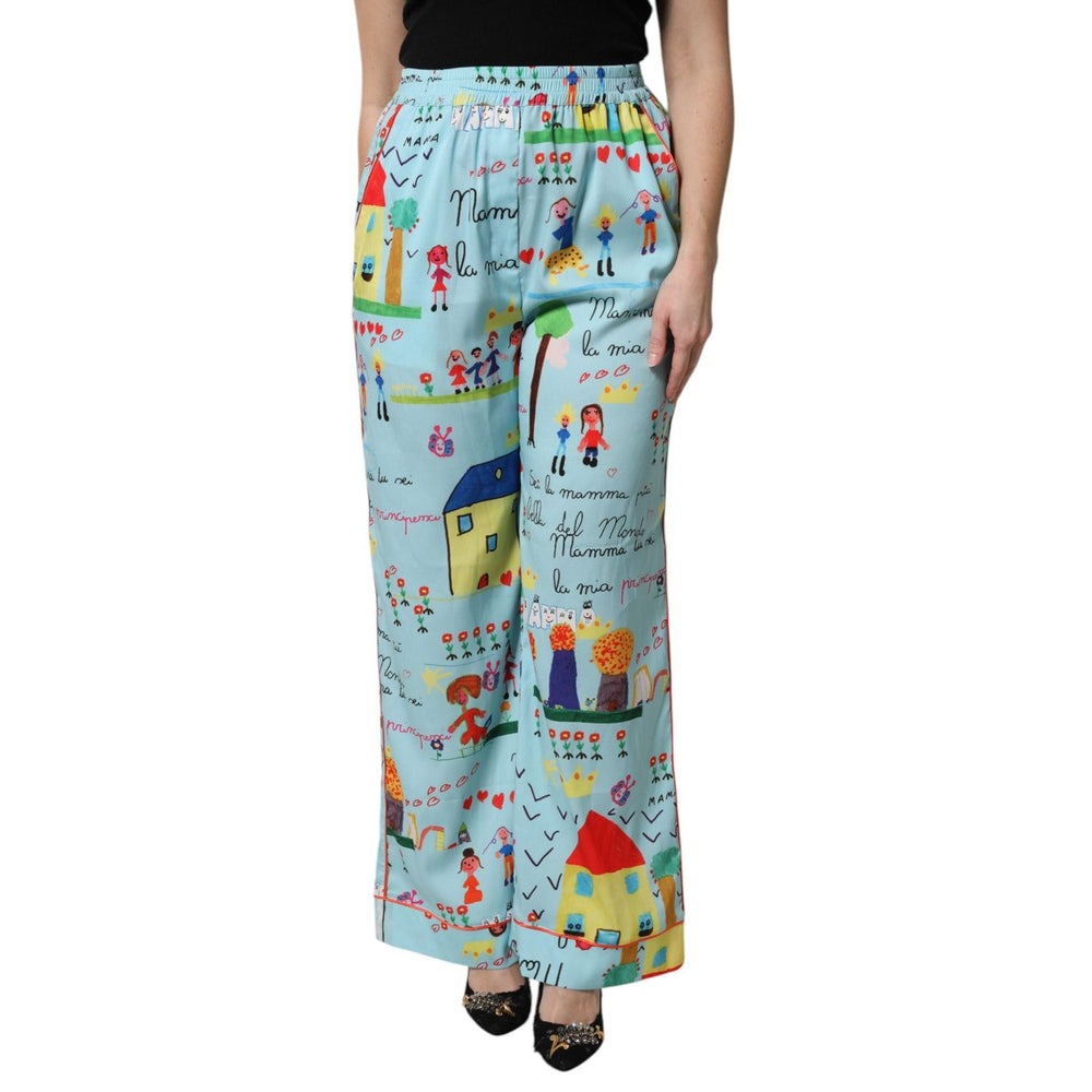 Dolce & Gabbana Light Blue Drawing Mid Waist Wide Leg Pants PAN76264-40