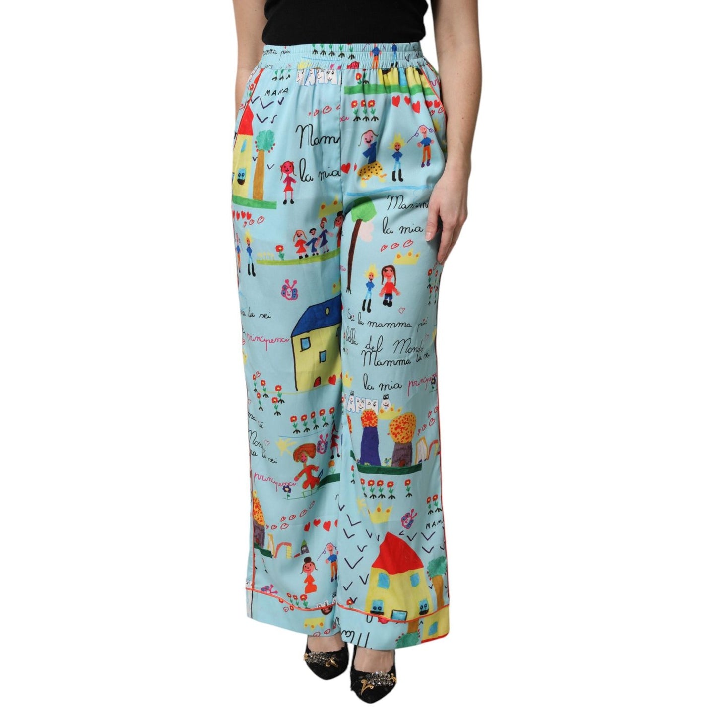 Dolce & Gabbana Light Blue Drawing Mid Waist Wide Leg Pants PAN76264-40