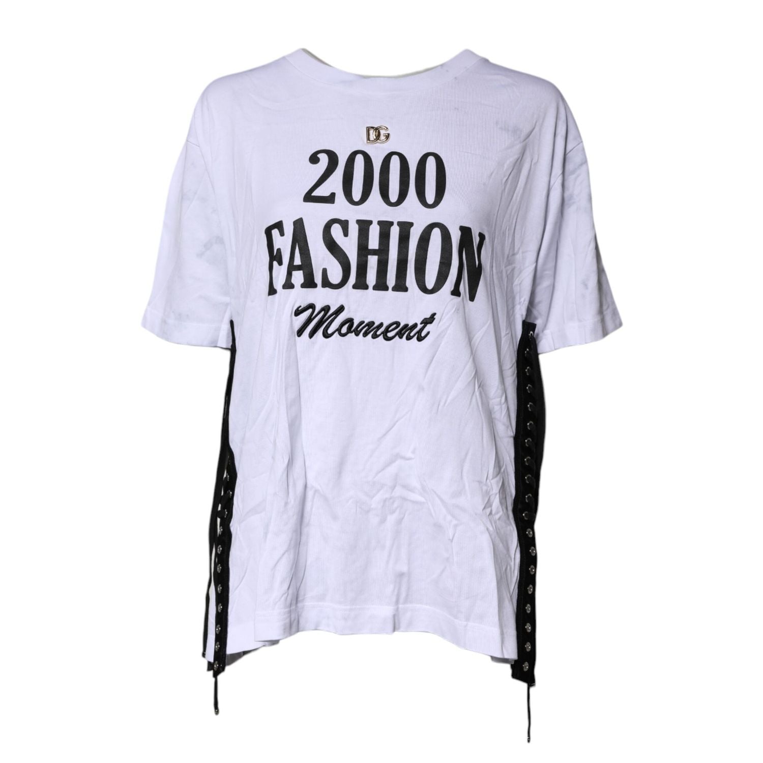 Dolce & Gabbana White Print Lace-Up Cotton Crew Neck T-shirt