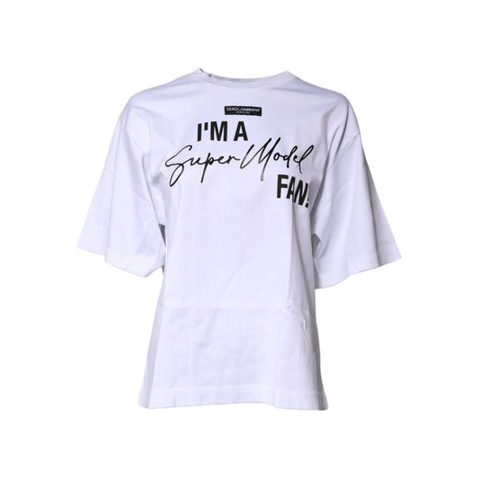 Dolce & Gabbana White Printed Cotton Round Neck Top T-shirt