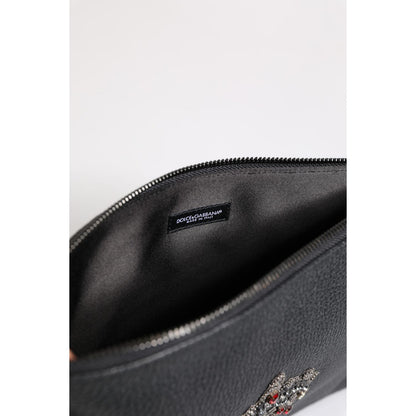 Dolce & Gabbana Black Calfskin Crown Embellished Clutch Pouch Bag