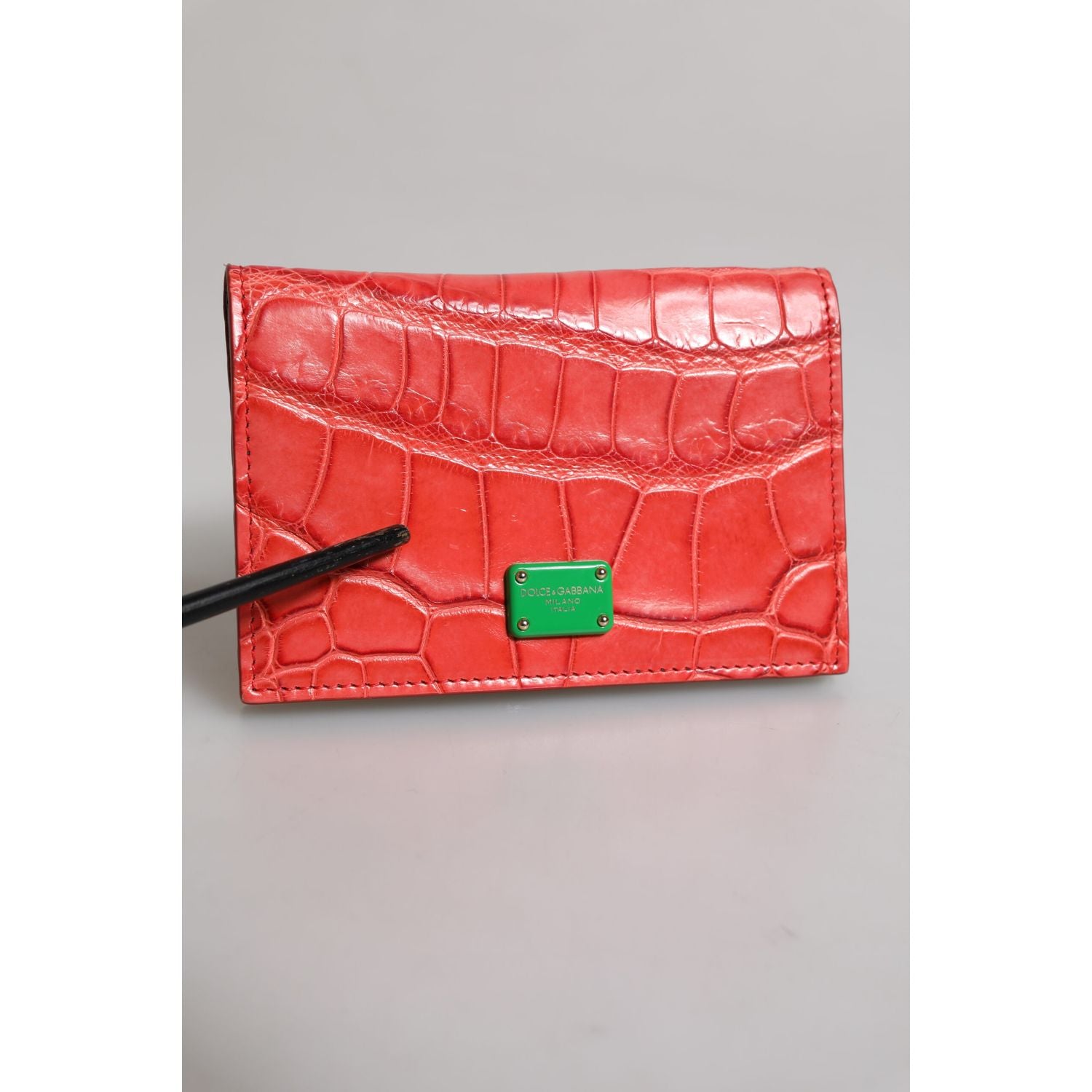 Dolce & Gabbana Red Exotic Leather Logo Plaque Card Holder Wallet