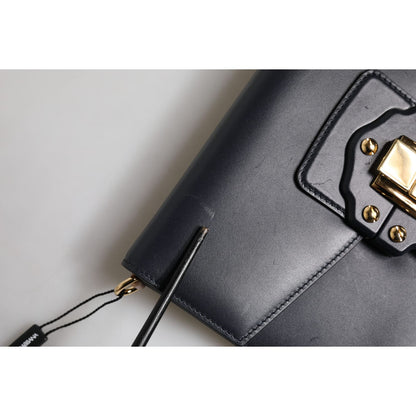 Dolce & Gabbana Black Leather Logo Gold Crossbody Purse Bag