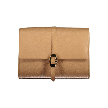 Coccinelle Brown Leather Handbag with adjustable strap and logo. Features automatic closure and card slots for organized storage.