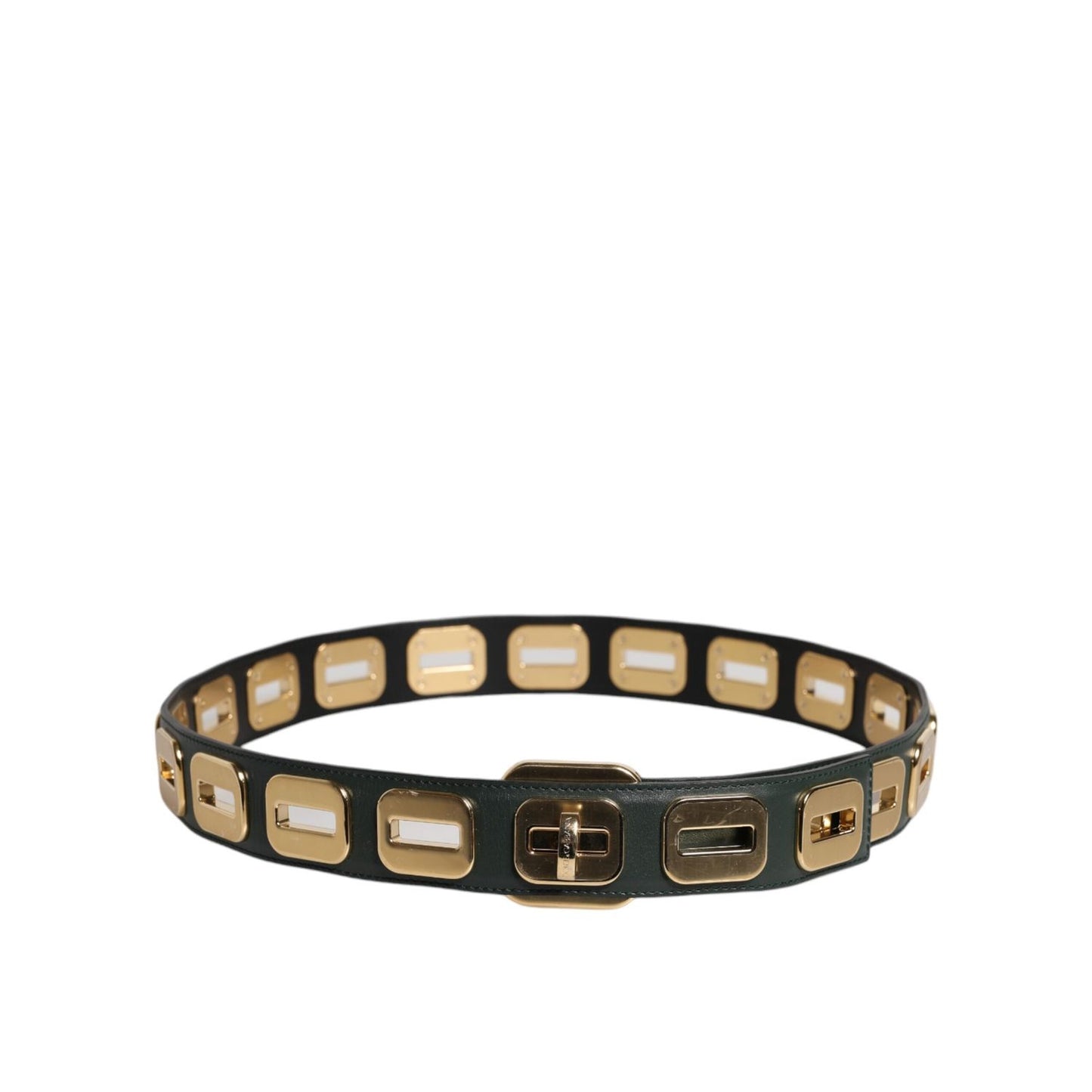 Dolce & Gabbana Green Leather Gold Tone Rotating Buckle Belt WMB393-75