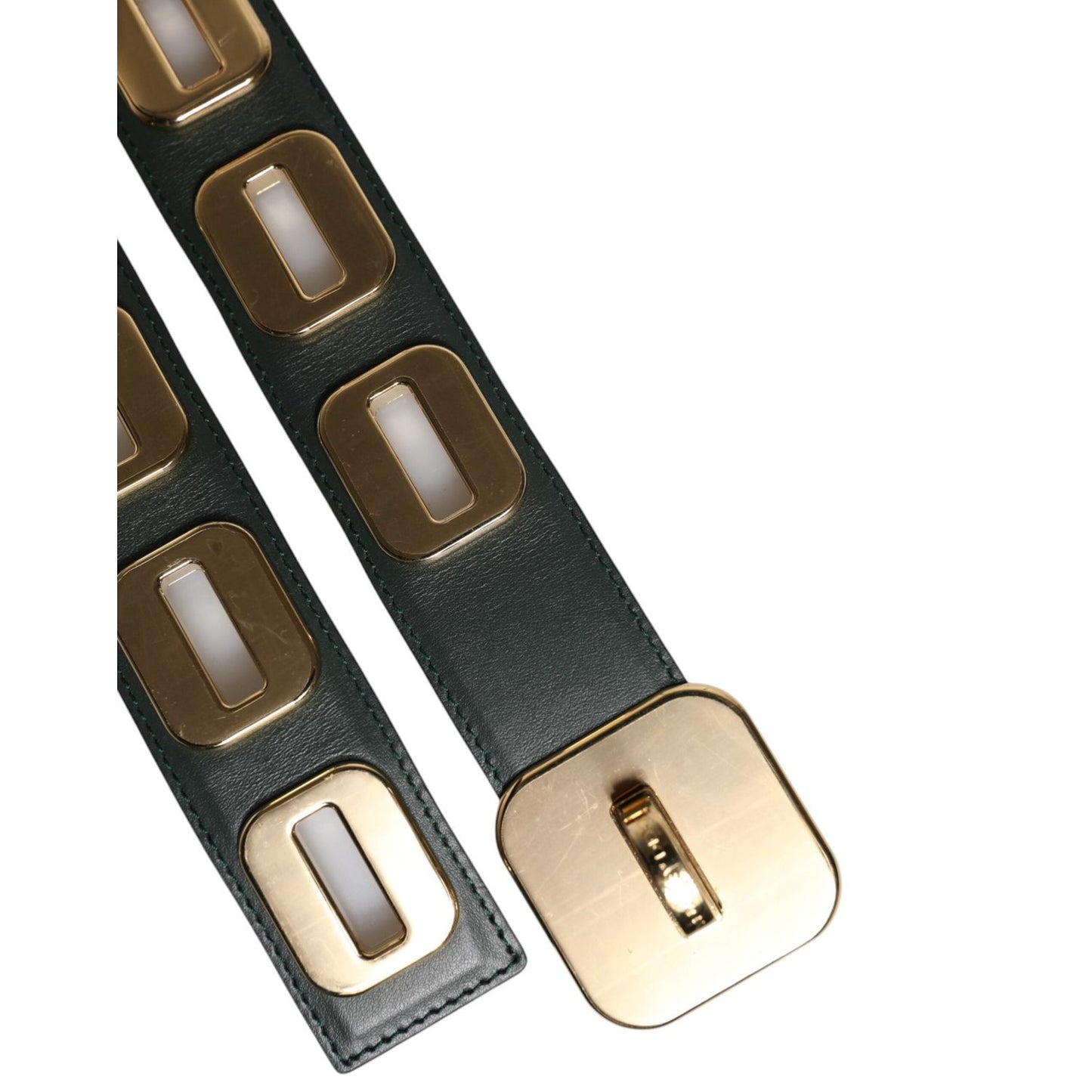 Dolce & Gabbana Green Leather Gold Tone Rotating Buckle Belt WMB393-75