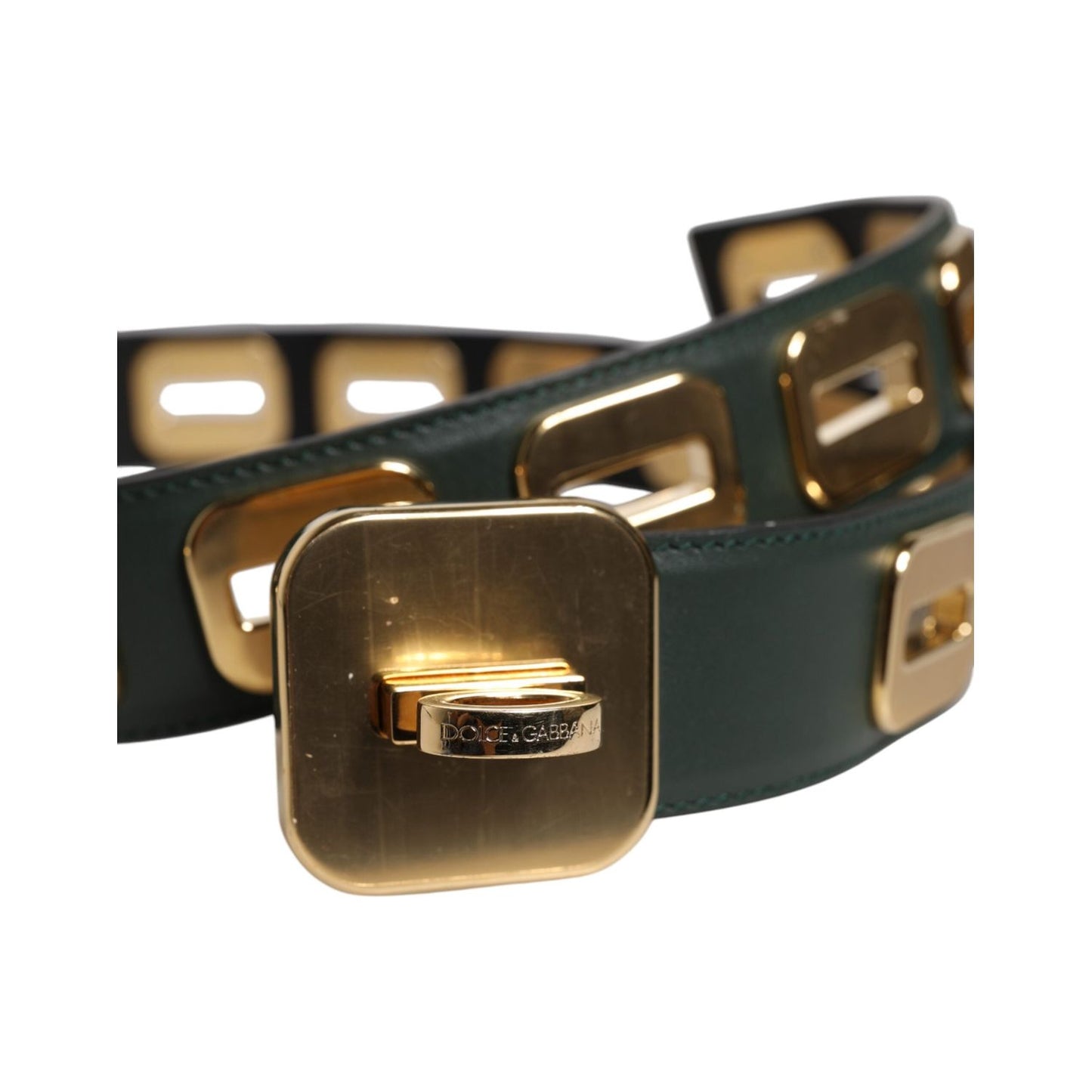 Dolce & Gabbana Green Leather Gold Tone Rotating Buckle Belt WMB393-75