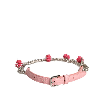 Dolce & Gabbana Pink Embelished Roses Textured Leather Belt