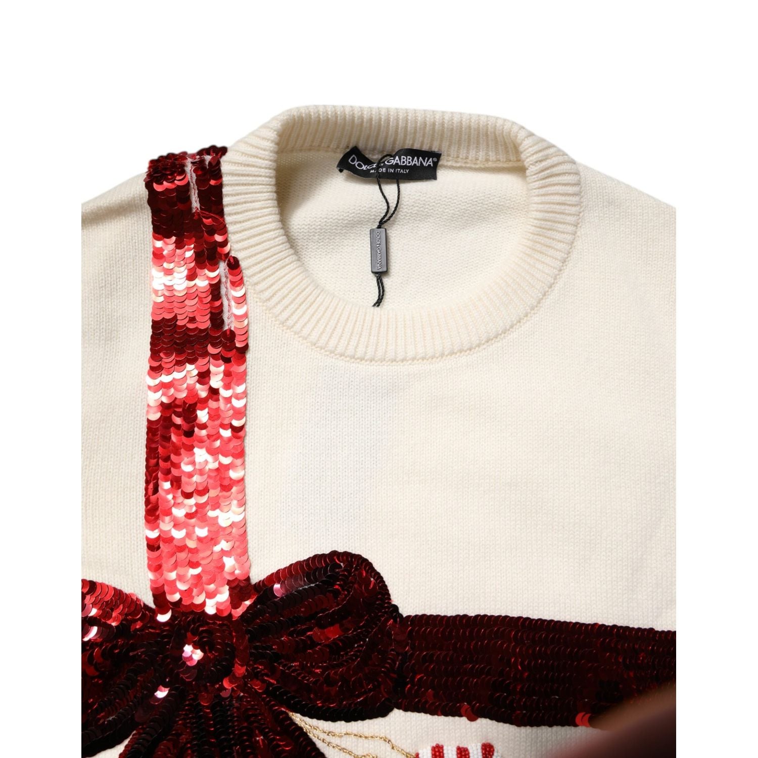 Dolce & Gabbana White Sequined Crew Neck Pullover Sweater