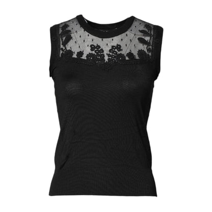 Dolce & Gabbana Black Lace Sheer Crew Neck Sleeveless Top