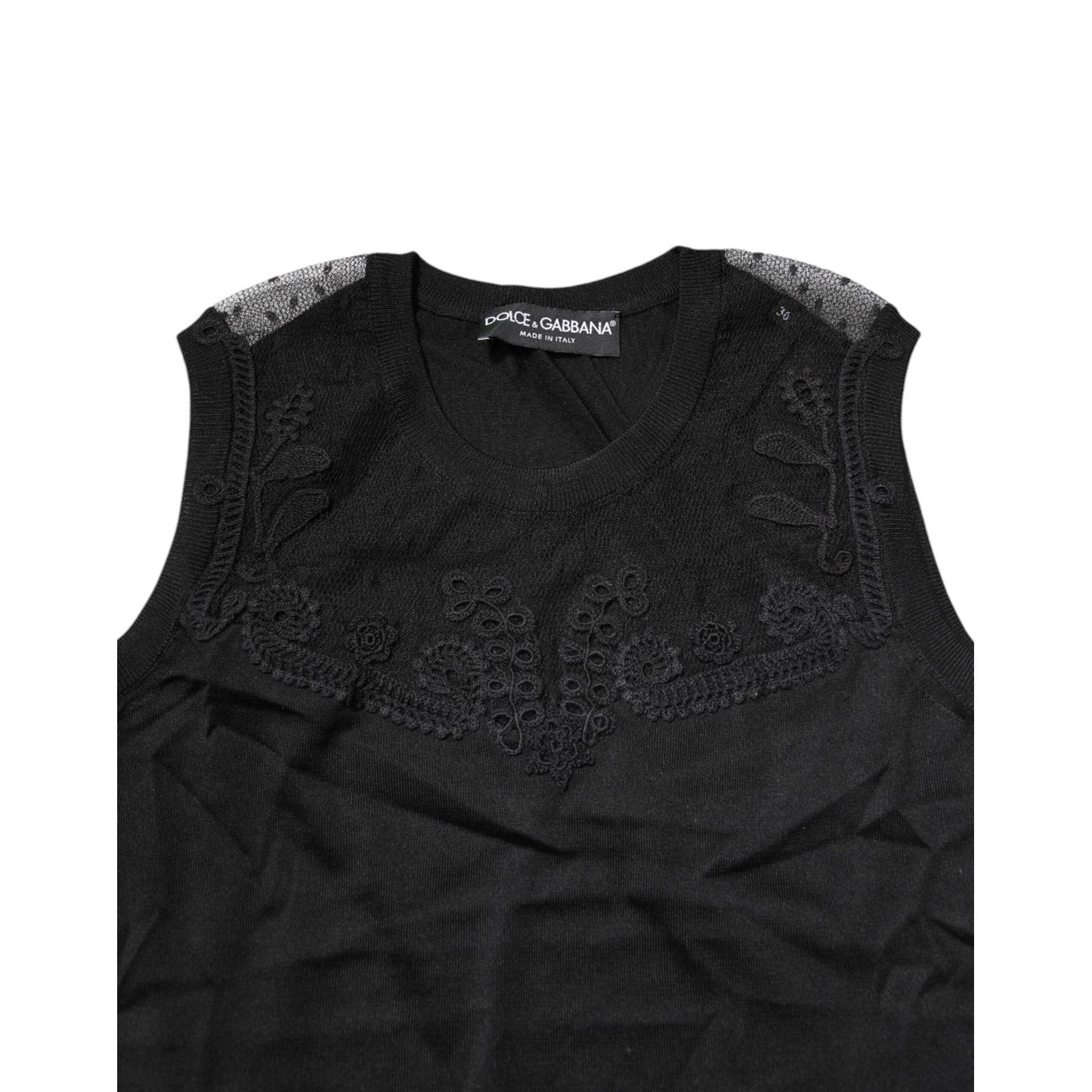 Dolce & Gabbana Black Lace Sheer Crew Neck Sleeveless Top