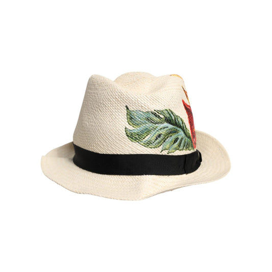 Dolce & Gabbana Beige Floral Print Straw Wide Brim Fedora Hat