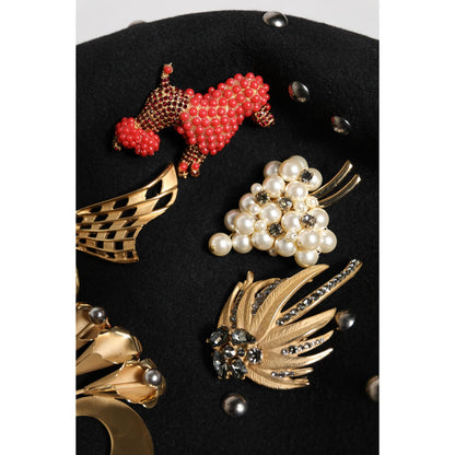 Dolce & Gabbana Black Wool Multicolor Embellished Cloche Hat