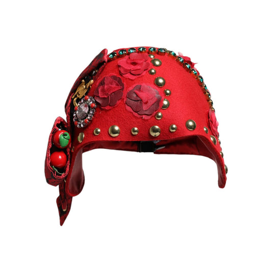 Dolce & Gabbana Red Crystal Gold Roses Brooch Embellished Hat HAT9652