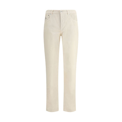 Brunello Cucinelli White Cotton Casual Pants with five-pocket design, featuring corduroy texture and logoed leather patch detail.