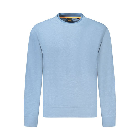 Hugo Boss Blue Cotton Men Sweater, long sleeve crew neck with iconic logo, sophisticated style in premium cotton, front view image.