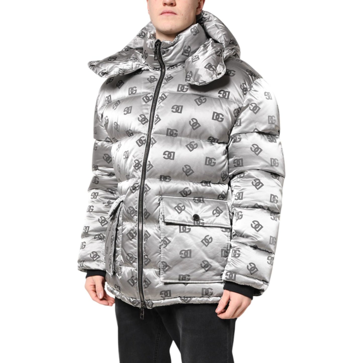 Dolce & Gabbana Silver Logo Full Zip Hooded Quilted Jacket
