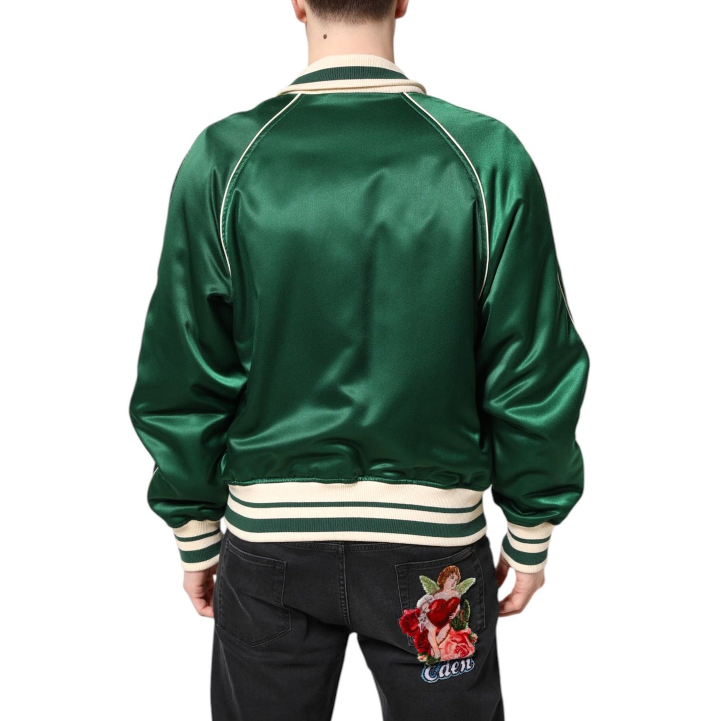 Dolce & Gabbana Green Floral DG Logo Full Zip Bomber Jacket