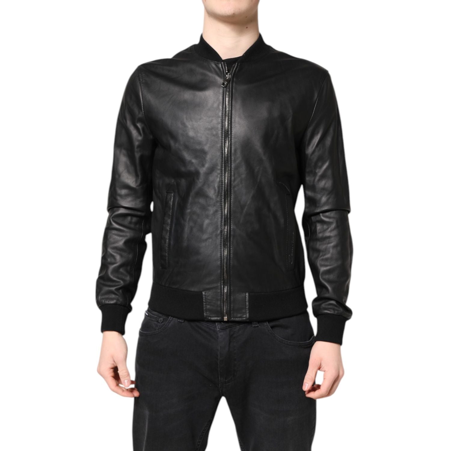Dolce & Gabbana Black Lambskin Leather Full Zip Biker Jacket