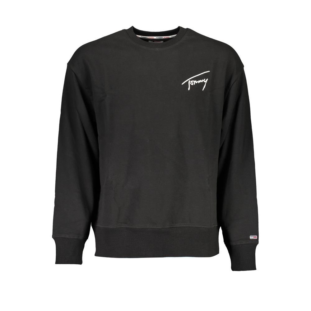 Tommy Hilfiger Black Cotton Men Sweater with logo embroidery on front, eco-friendly blend, long sleeves, and crew neck design.