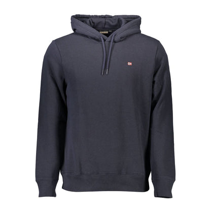 Napapijri Blue Organic Cotton Men Sweater with long sleeves and hoodie, featuring applique logo, modern design.