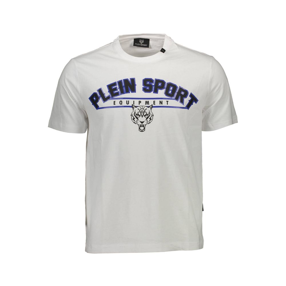 Plein Sport White Cotton Men T-Shirt with bold logo and contrasting details, short sleeve crew neck, premium quality fashion tee.
